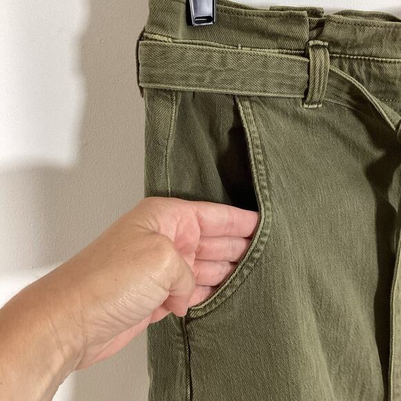 American Eagle Paperbag Waist Skirt 12 Army Green Tie Belt Pockets Stretch - Picture 7 of 8